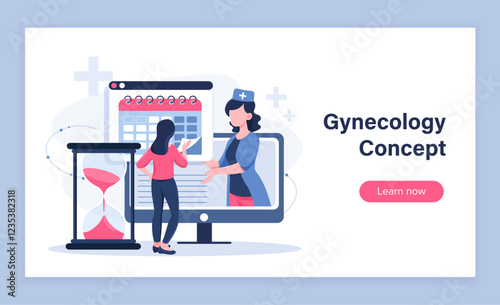 Gynecologist online poster. Woman in medical uniform consults young girl. Healthcare and medicine. Female reproductive system diagnosis. Landing webpage design. Flat vector illustration