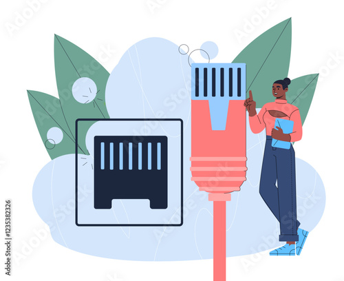 Woman with USB cable. Young girl with large computer cable. Hardware and pc components. Connection pin. Modern technologies. Gadgets and devices. Flat vector illustration