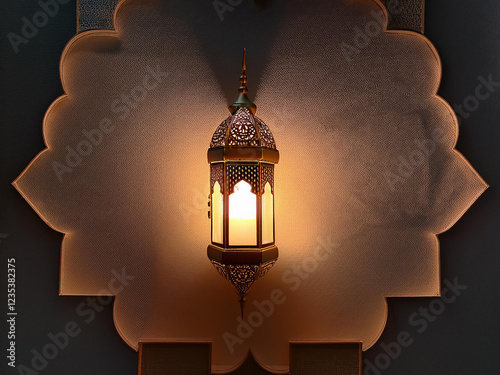 Minimalist Islamic pattern with a glowing lantern in the center. photo