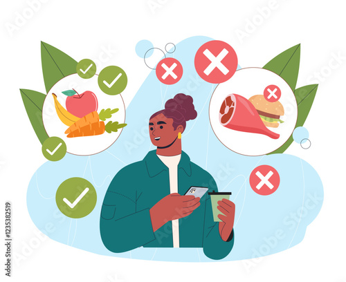 Vegan woman concept. Young girl refuse from meat products. Proper diet and nutrition. Healthy eating and lifestyle. Person eat fruits and vegetables. Flat vector illustration