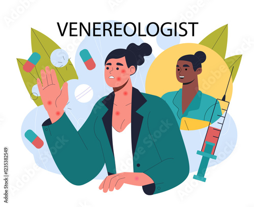 Venereologist with patient. Woman in medical uniform with syringe and pills. Healthcare and medicine. Diagnosis and treatment. Skin diseases. Flat vector illustration