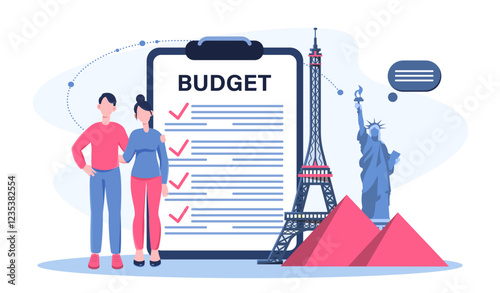 Honeymoon trip planning. Man and woman planning budget trip. Statue of Liberty, Eiffel tower and pyramid. Holiday and vacation. Travel and tourism. Flat vector illustration