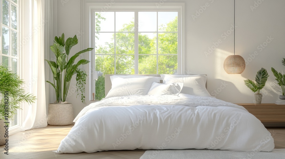 Fototapeta premium Serene Minimalist Bedroom Interior Design with Natural Light