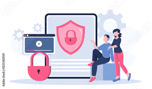 Internet security expert. Man and woman near blocked video on Internet. User safety. Protection from unwanted content. People with safe Search. Flat vector illustration