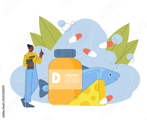 Woman with vitamin d. Young girl near bottle of pills. Healthy lifestyle and proper diet, nutrition. Fish and cheese. Pharmacy and natural supplements. Flat vector illustration