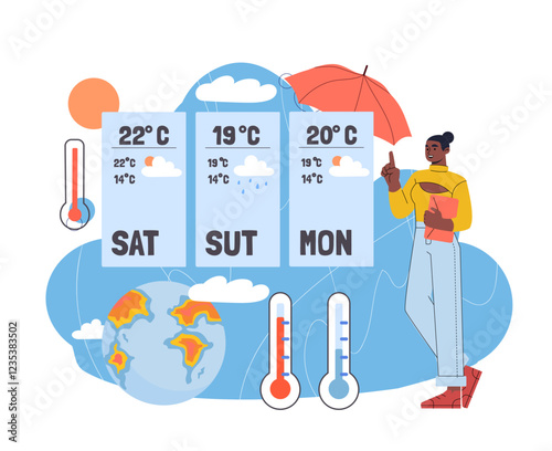 Weather forecast presenter. Woman near forecast on saturday, sunday and monday. Meteorological tv show anchor. Climate prediction. Poster or banner. Flat vector illustration