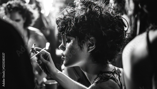 Behind-the-scenes at a fashion show, capturing models, designers, and makeup artists preparing in the hectic backstage area. photo