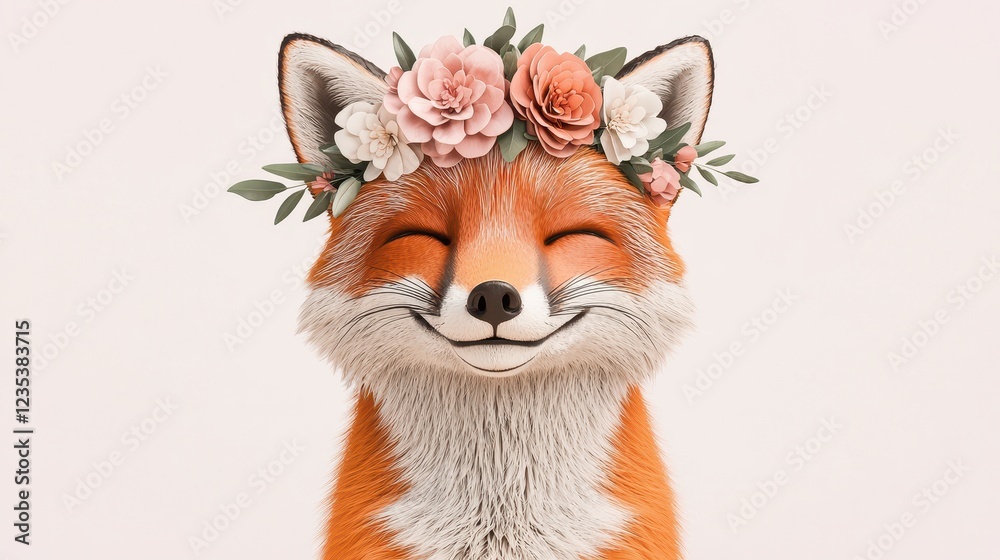 Obraz premium Adorable Smiling Fox with Floral Crown on White Background