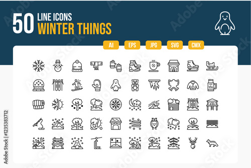 Set of 50 Winter Things Line Icons . Line Collection. Editable Stroke. Vector Icons