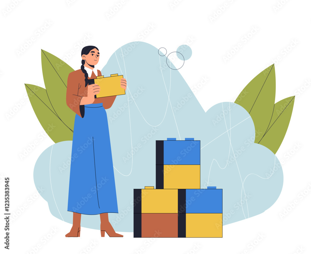Woman with cubes. Young girl with blue and yellow blocks. Intelligence and creativity. Solution and progress. Motivation and aspiration. Flat vector illustration Woman with cubes. Young girl with blue and yellow blocks. Intelligence and creativity. Solution and progress. Motivation and aspiration. Flat vector illustration