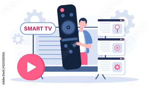 Man with smart tv. Young guy with huge remote control on TV screen. Television and multimedia, broadcast. Fun and entertainment. Home cinema box. Flat vector illustration