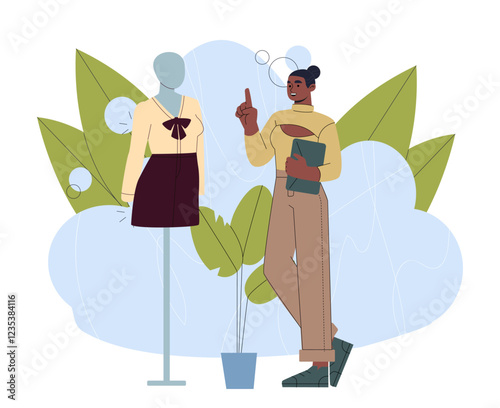 Woman in fashion studio. Young girl near dummy with formal clothes. Fashion, trend and style. Seamstress or atelier at workplace. Handmade clothes. Flat vector illustration