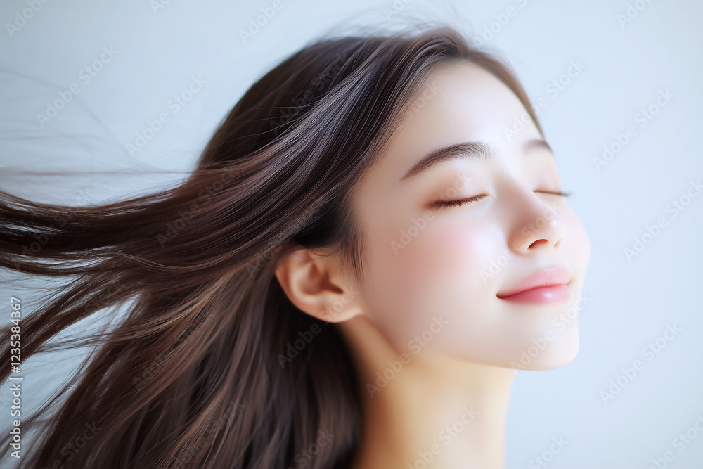 風になびく艶やかな髪の美しい女性 風になびく艶やかな髪の美しい女性