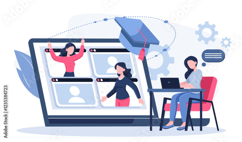 Online school students. Woman with laptop communicate with girls. Remote education and training, learning. Video call or conference. Webinar, lesson or lecture on internet. Flat vector illustration