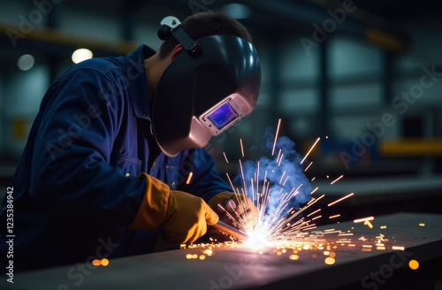 welder in protective mask welds metal at factory, metal construction concept