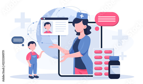 Pediatrician doctor online. Boy talks to woman in medical uniform. Healthcare and medicine. Diagnosis and treatment. Pediatric services on internet. Flat vector illustration