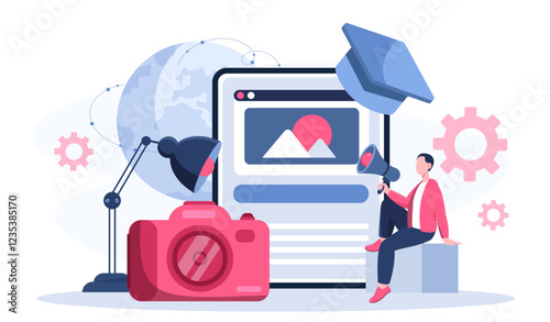 Photoshoot online concept. Man with loudspeaker near camera and tablet with image. Photograph with equipment. Workshop or studio with lamp. Flat vector illustration