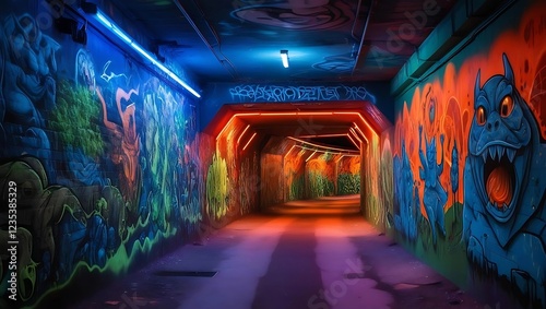 Vibrant Graffiti Tunnel with Neon Lights, Urban Street Art, Futuristic Underground Passage, Colorful Mural, Cyberpunk Aesthetic, Abstract Wall Art, City Nightscape, Artistic Alleyway