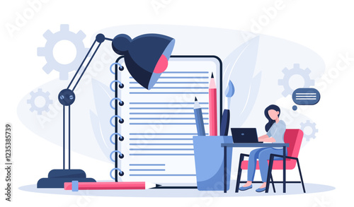 Professional writer online. Woman with laptop near notebook. Talented author writes articles and content for website. Freelancer makes money on Internet. Flat vector illustration