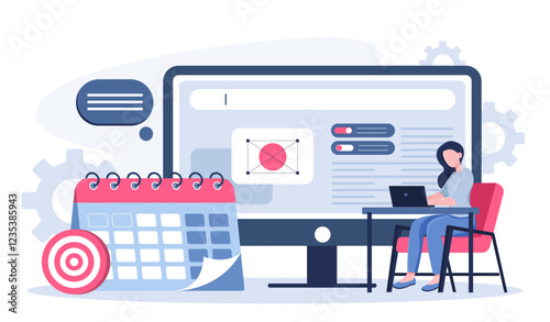 Public relations online. Woman with laptop near calendar and monitor. Press conference and press release on Internet. Promoting company on social networks. Flat vector illustration