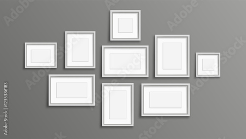 Realistic frames set. Pictures and photos on wall. Template and layout for pictures. Wooden frames with glass. Gallery and collage. Flat vector collection