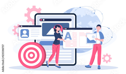 Search engine marketing. Man and woman developing content for website page. Team of SMM, SEO specialists and copywriters working on common project. Flat vector illustration
