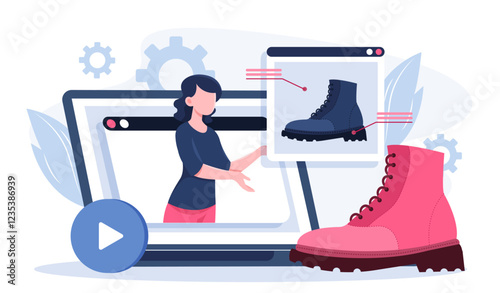 Shoemaker online concept. Woman with shoes on laptop screen. Bootmaker on internet. Handmade and handicraft footwear. Fashion, trend and style. Flat vector illustration