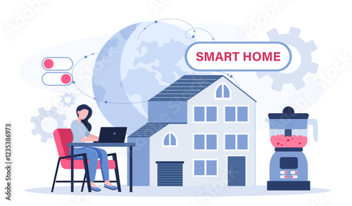 Smart home concept. Woman with laptop near apartment. Remote control of Internet, light, water and doors. Modern technologies and innovations. Flat vector illustration