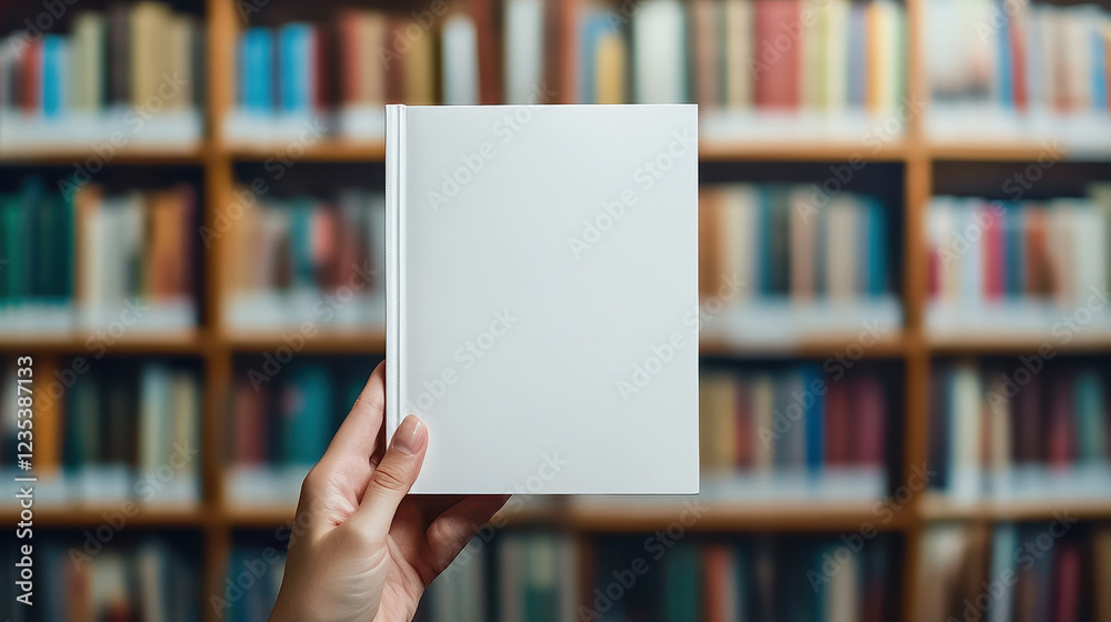 Hand holding an empty book in a library filled with shelves of colorful literature during daytime Hand holding an empty book in a library filled with shelves of colorful literature during daytime