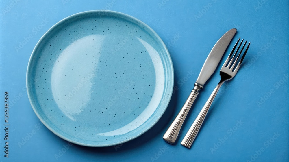 empty blue plate with knife and fork on blue background, inanimate subject, blue hue empty blue plate with knife and fork on blue background, inanimate subject, blue hue