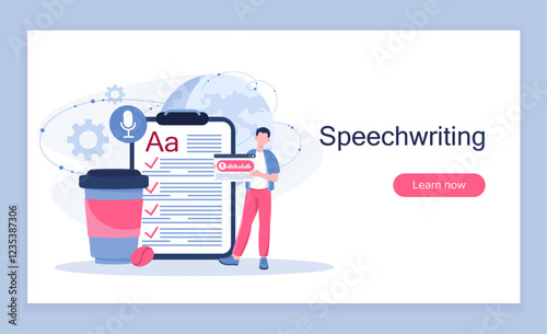 Speechwriting online poster. Man with coffee near clipboard with script. Copywriter creates interesting content for social networks and websites. Landing webpage design. Flat vector illustration
