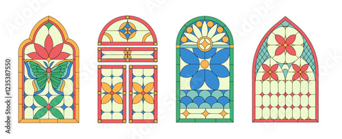 Stained glass windows set. Colorful patterns and ornaments on glasses. Creativity and art. Christian chapel decoration. Flat vector collection