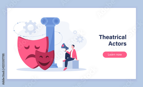 Theatrical actors poster. Man with loudspeaker near theatrical masks and marble columns. School of acting. Education and training. Landing webpage. Flat vector illustration