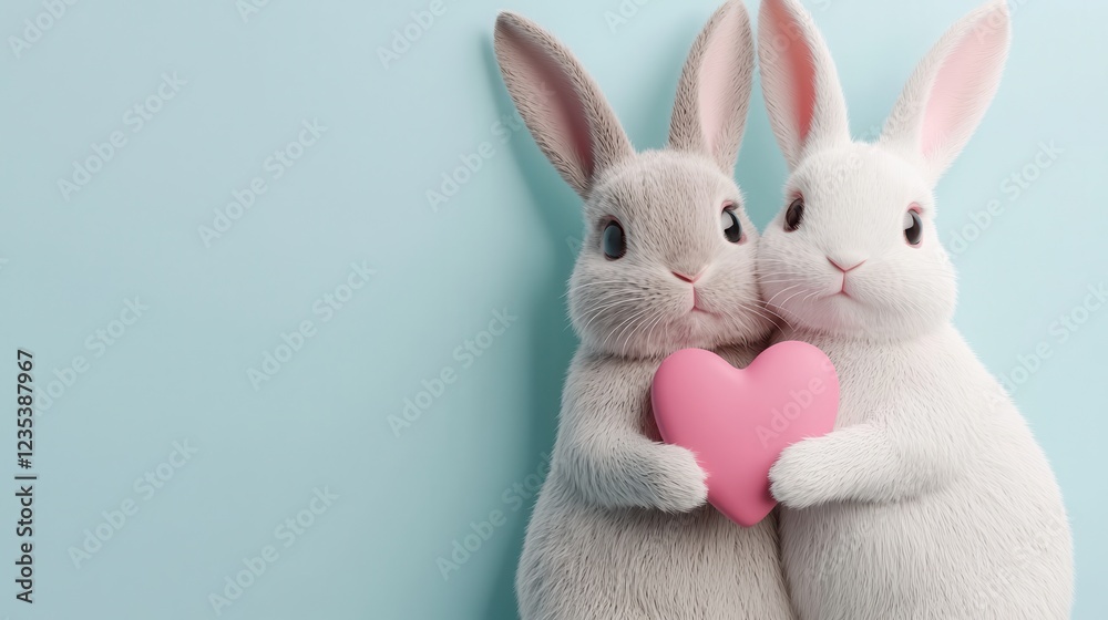 Obraz premium Adorable Bunnies Holding Pink Heart on Light Blue Background