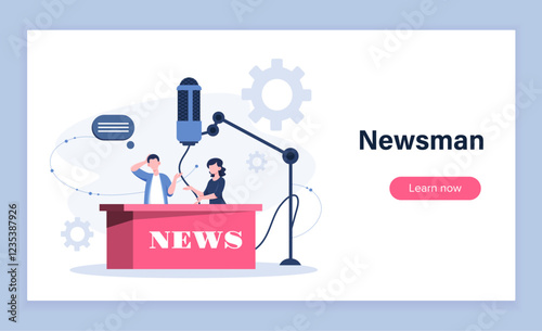 TV presenter poster. Man and woman near huge microphone. Mass media and journalists, news presenter. Broadcast and podcast. Landing webpage design. Flat vector illustration