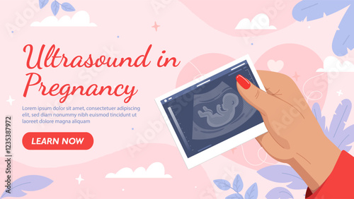 Ultrasound in pregnancy poster. Hand with xray shot of baby. Healthcare and medicine. Motherhood and Parenthood. Landing webpage design. Female fertility. Flat vector illustration