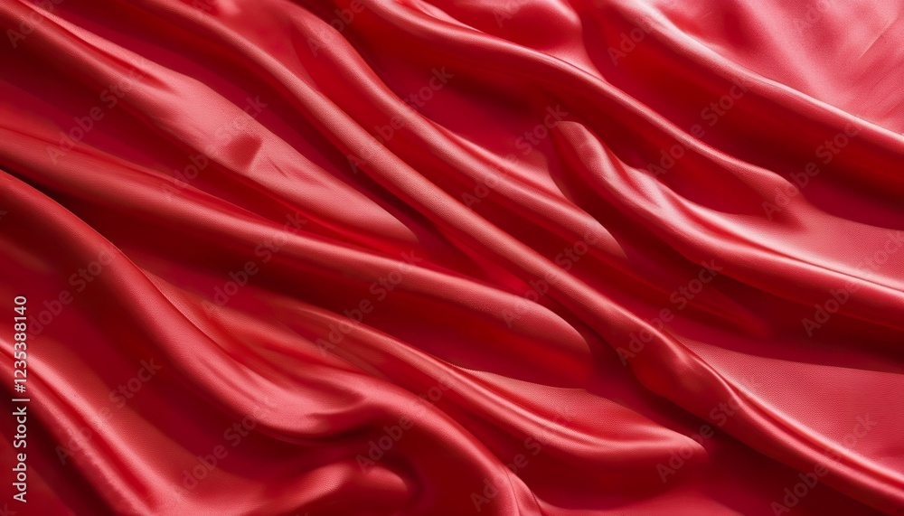 Obraz premium Closeup of rich red satin fabric, elegantly draped, showcasing its smooth texture and luxurious sheen. The folds create a sense of depth and movement.
