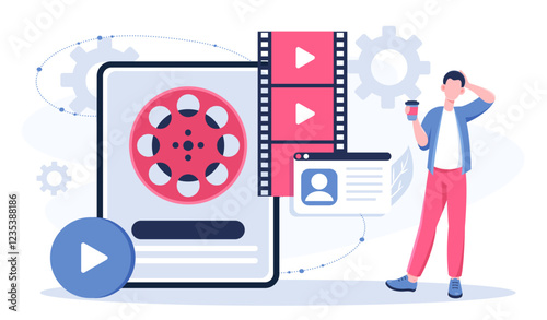 Videographer online service. Man with coffee near smartphone and film reel. Cinematography and film making. Series and cinema. Content creating. Flat vector illustration