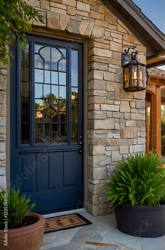 Elegant Home Entrance: Dark Blue Door, Stone Facade, and Lush Greenery photo