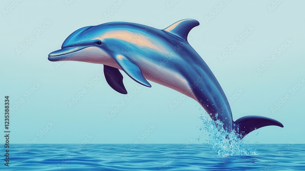 Fototapeta premium Dolphin Leaping Out of Vibrant Blue Ocean Water Under Clear Sky
