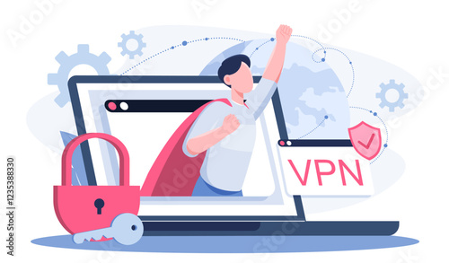 Man with vpn. Young guy in superhero cape on laptop screen. Virtual private network. Internet security and personal data protection, bypassing blocks, accessing content. Flat vector illustration