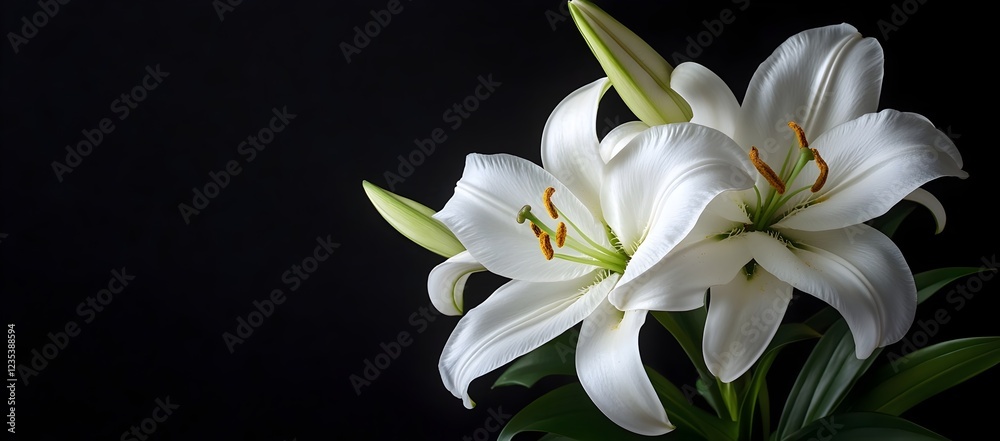 Fototapeta premium White lilies on dark background with space for text. Minimal Easter remembrance design