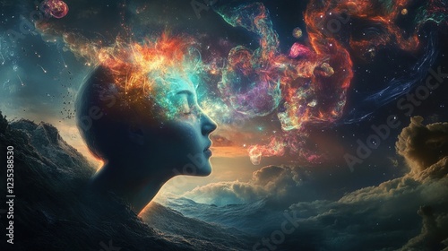 A woman's face emerging from a cosmic nebula, surrounded by stars and clouds photo