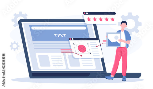 Website prototyping concept. Man near huge laptop develops design elements for web pages. Graphic designer and freelancer. Back end or front end developer. Flat vector illustration