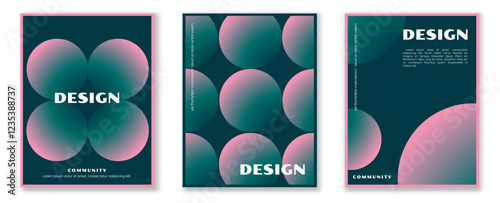 Abstract gradient posters set. Pink and green spheres and circles. Typography and corporative brochure. Minimalistic creativity and art. Flat vector collection