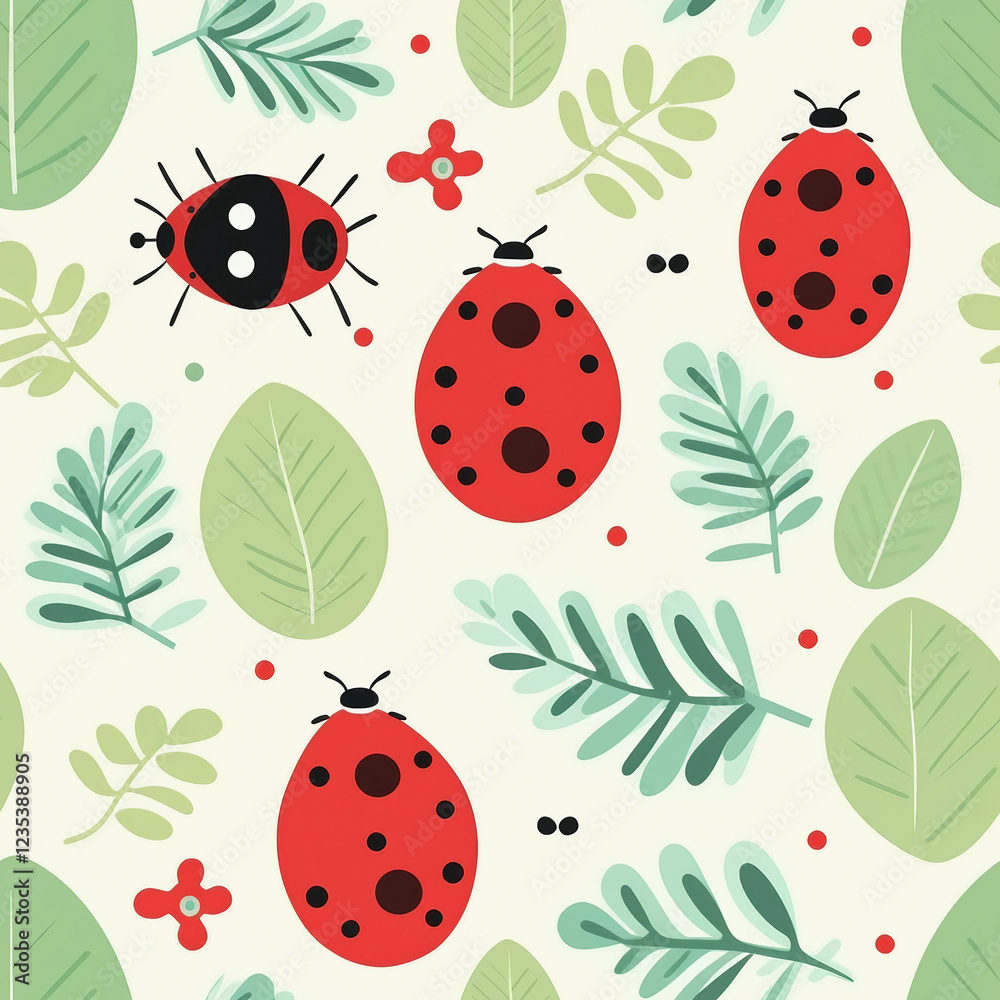 A pattern of red ladybugs on green leaves A pattern of red ladybugs on green leaves