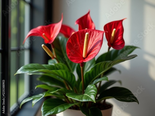 Anthurium, a popular houseplant with long-lasting flowers