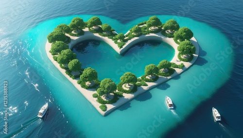 aerial view of a small island in the middle of the ocean. The island is in the shape of a heart and is surrounded by clear blue water. The water is a beautiful turquoise color and there is a small boa photo