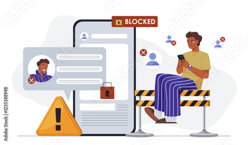 Blocked user account. Man with smartphone trying to enter to social media profile. User has been denied access to account. Security and personal data protection system. Flat vector illustration