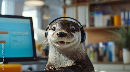 Fototapeta Naklejka Na Ścianę i Meble -  A cheerful otter wearing a headset, sitting at a well-organized desk with a friendly and welcoming expression
